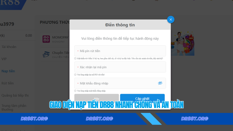 Giao diện nạp tiền Dr88 nhanh chóng và an toàn